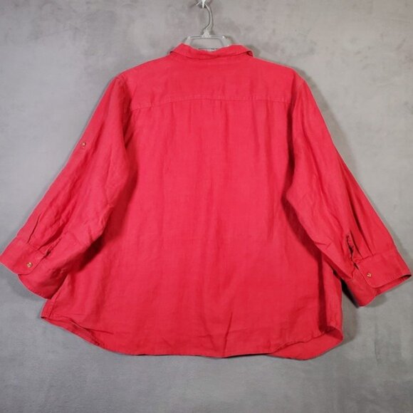 Lauren Ralph Lauren Top Womens 3X Red 100% Linen Button Roll Tab Sleeve Minimal - Picture 3 of 9